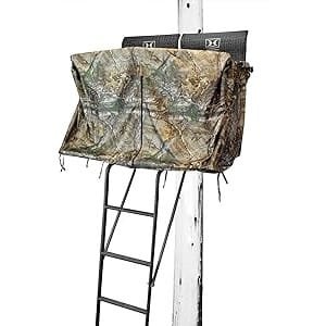Hawk 2-man ladder treestand blind kit designed for two hunters with Realtree camouflage and zippered entry