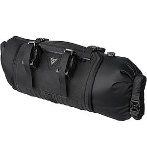 Topeak FrontLoader bikepacking handlebar bag, 8L waterproof roll-top dry bag mounted on mountain bike for touring