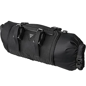 Topeak FrontLoader bikepacking handlebar bag, 8L waterproof roll-top dry bag mounted on mountain bike for touring