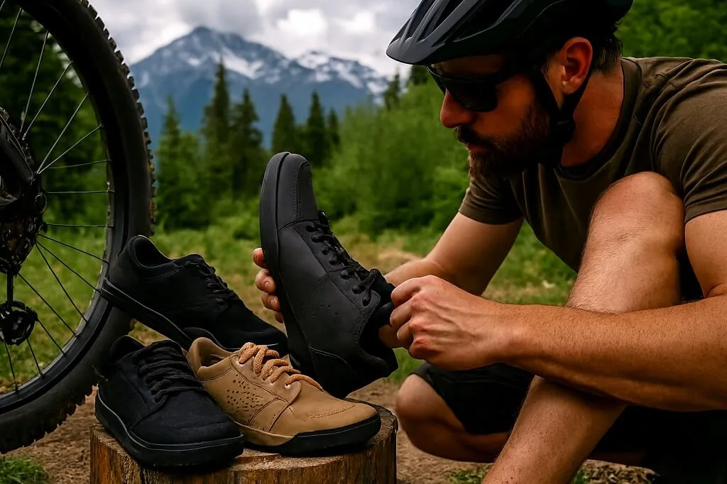 Choosing flat pedal MTB shoes on rocky mountain trail terrain