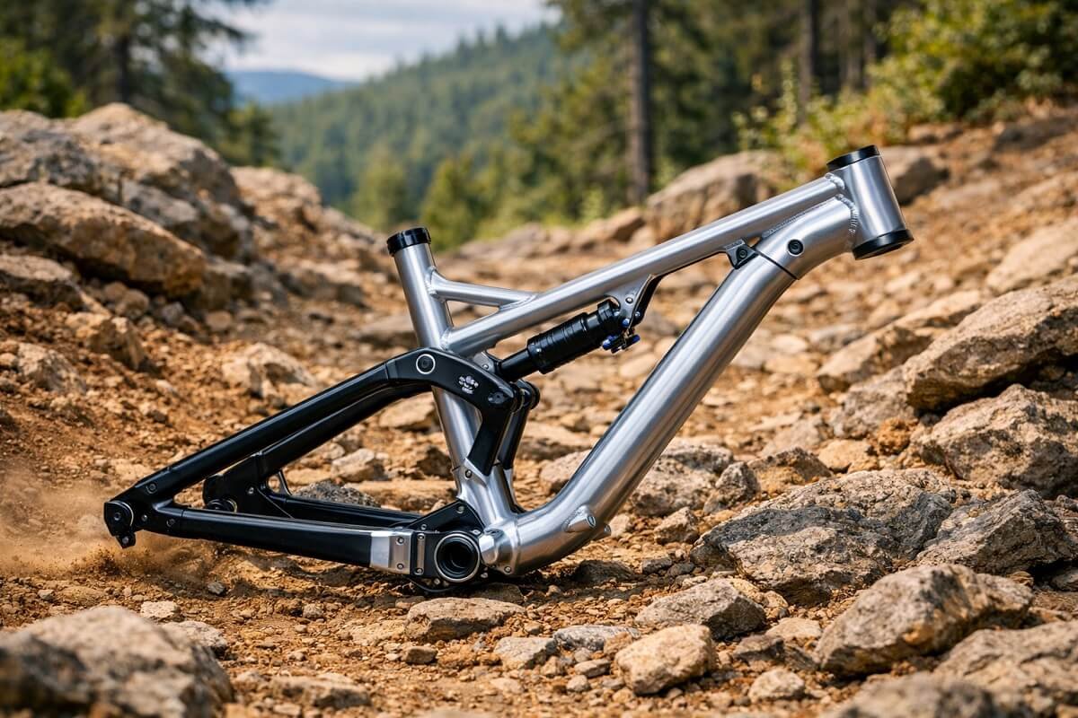 2026 aluminum-carbon hybrid MTB frame on technical trail.