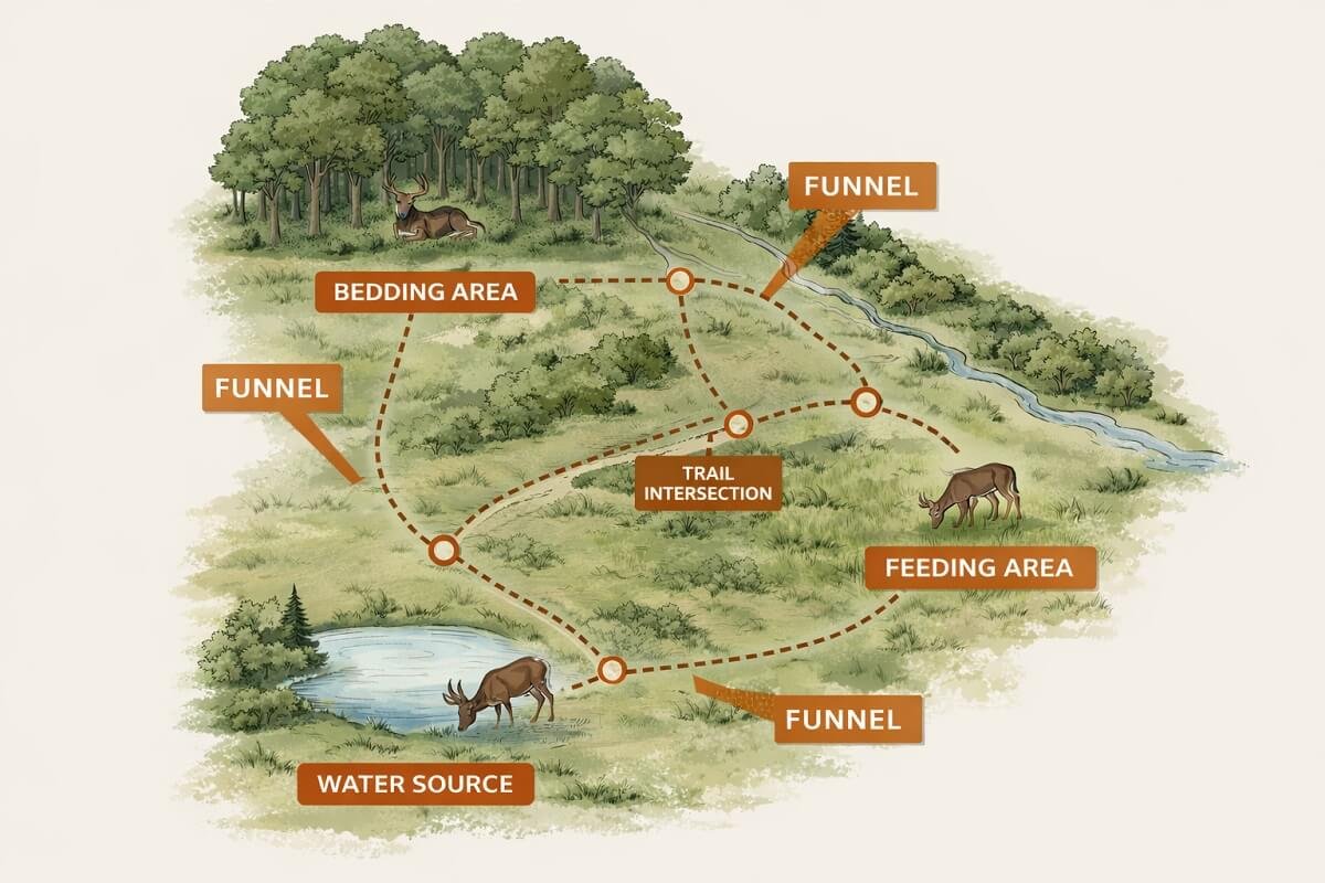 Diagram of deer trail network showing bedding, feeding areas, and natural travel corridors.