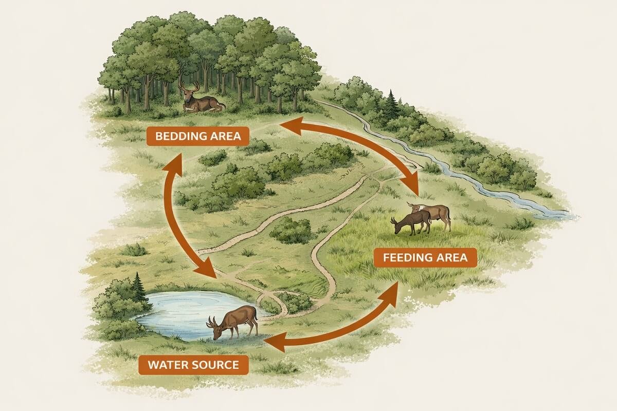 Diagram of deer trail network showing bedding, feeding areas, and natural travel corridors.