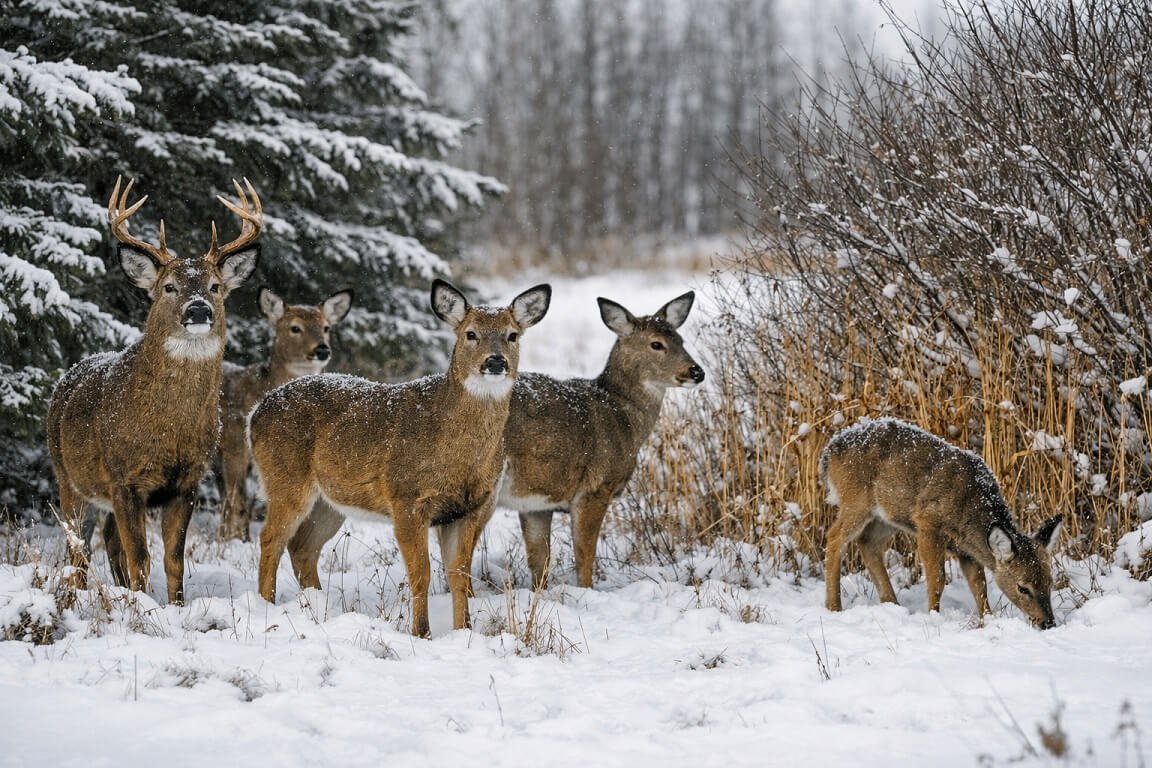 Group of whitetail deer using natural windbreaks in winter