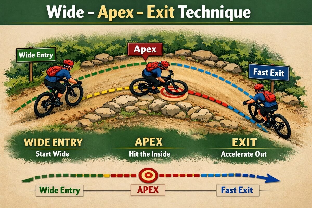 mountain bike cornering line diagram