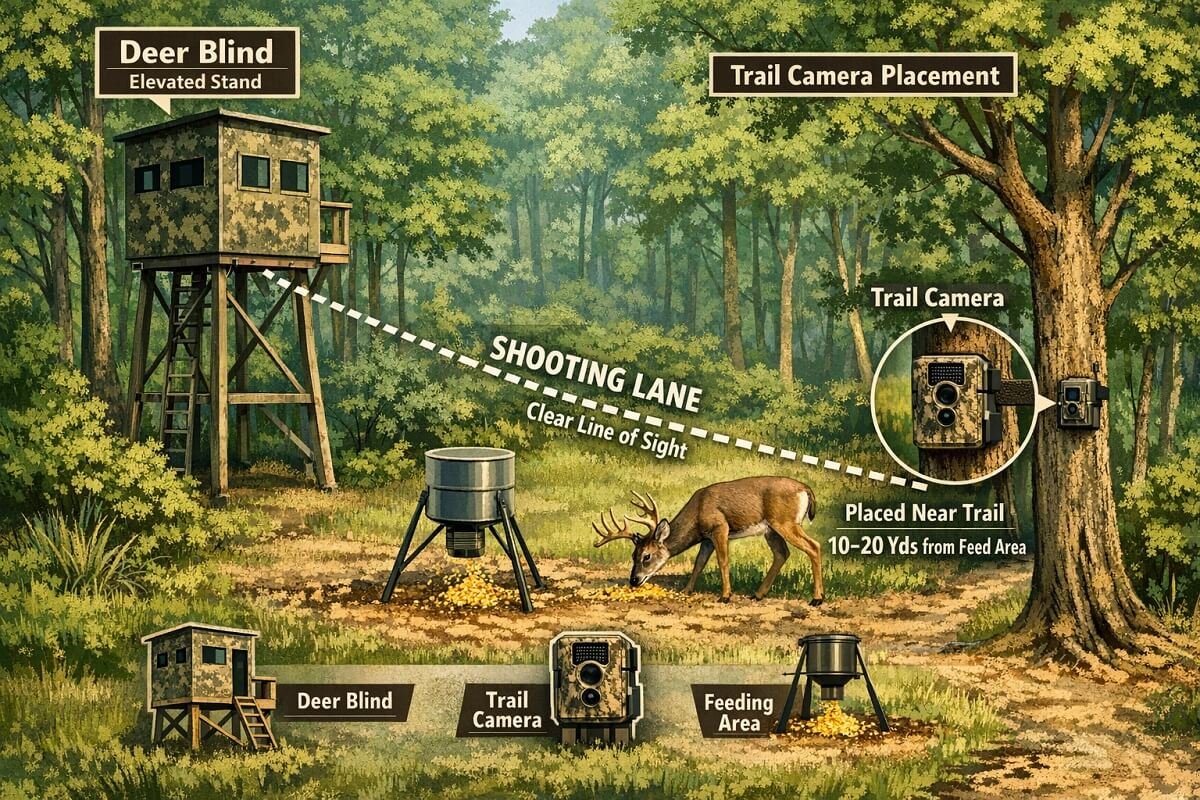 Deer blind setup with labeled trail camera positions and clear shooting lane diagram.