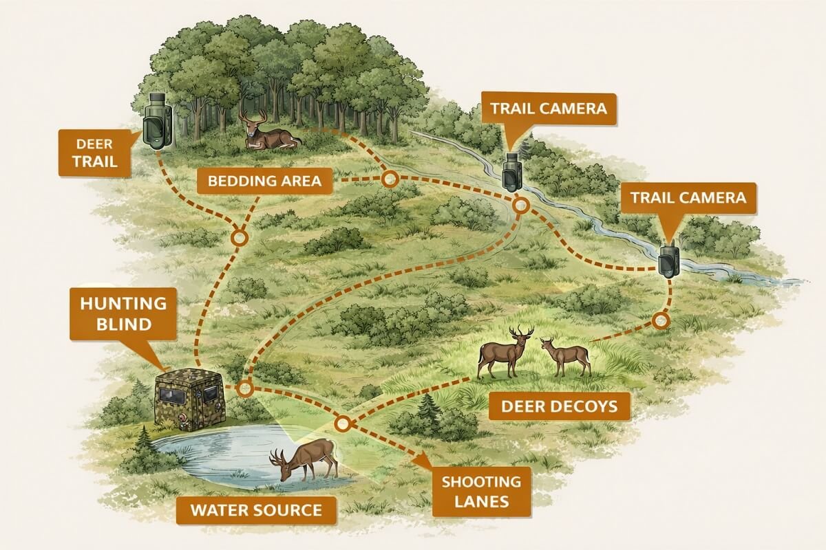 Infographic of hunting setup showing trail cameras, blinds, decoys, and deer trails for strategic placement.