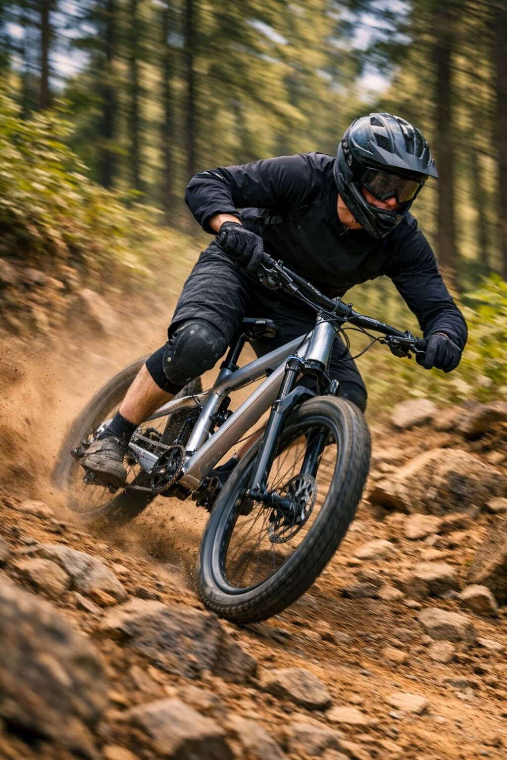 MTB rider testing aluminum alloy frame on downhill trail.