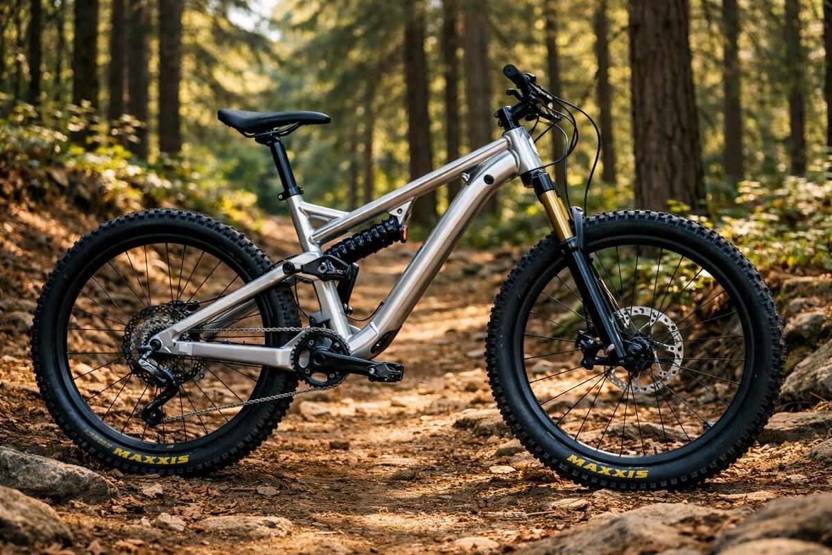 Modern aluminum alloy MTB frame on a forest trail.