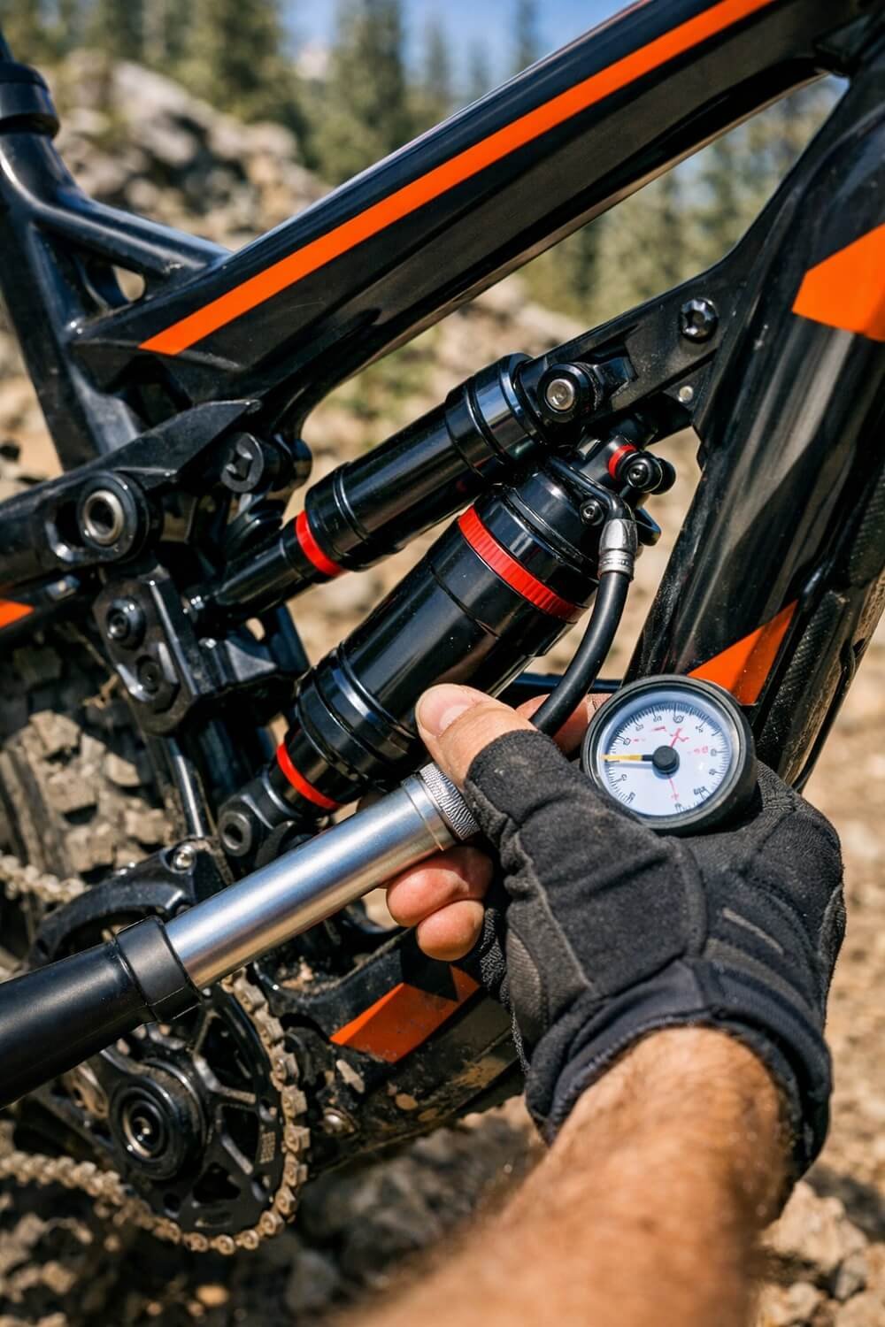 Adjusting MTB rear air shock with a shock pump