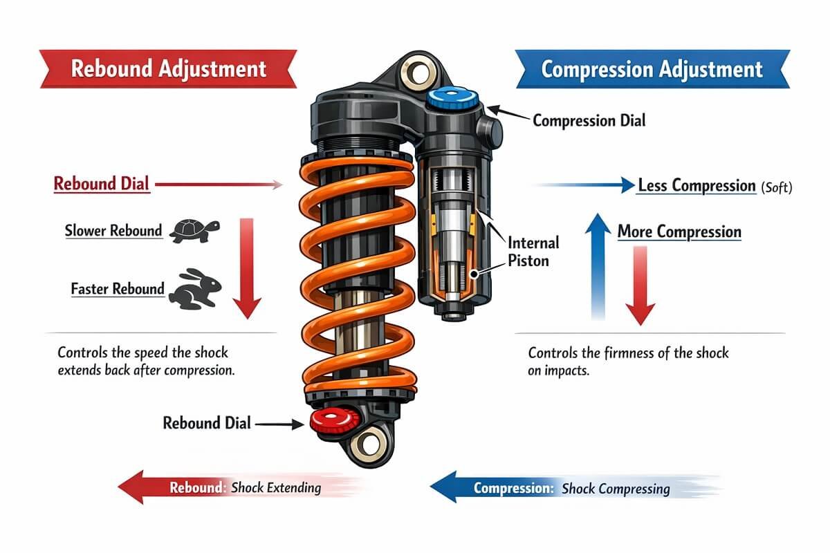 MTB suspension rebound and compression diagram