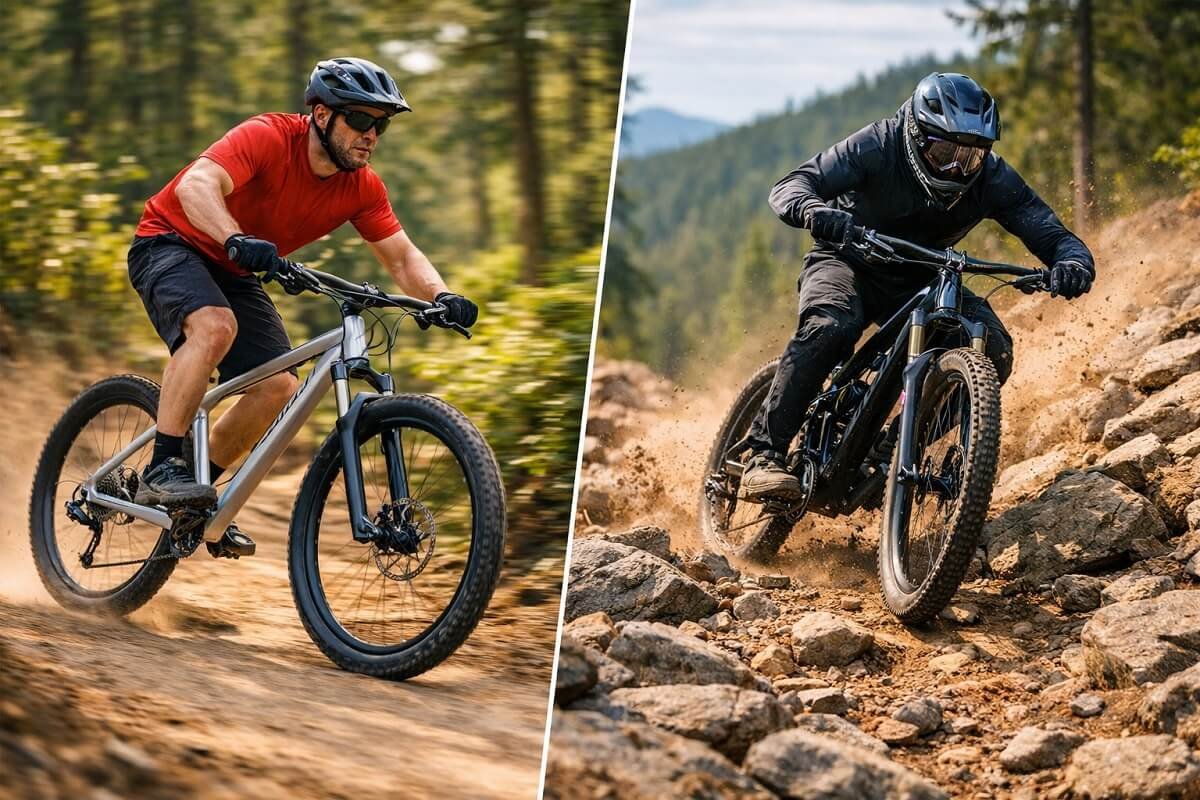 XC rider on aluminum hardtail and DH rider on carbon full-suspension MTB