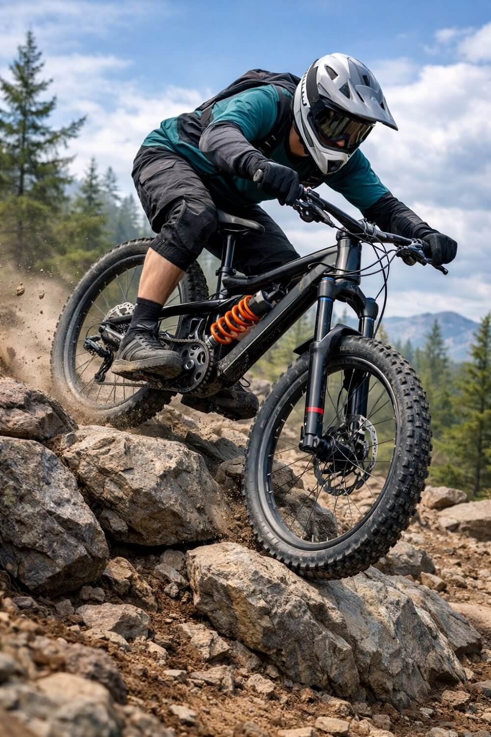Mountain bike with properly dialed sag riding over rocks