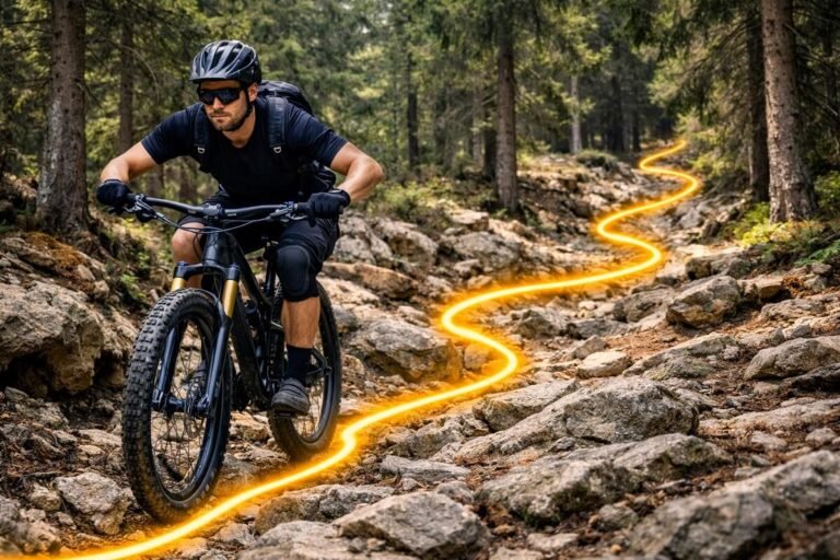 mountain biker reading trail line on rocky terrain