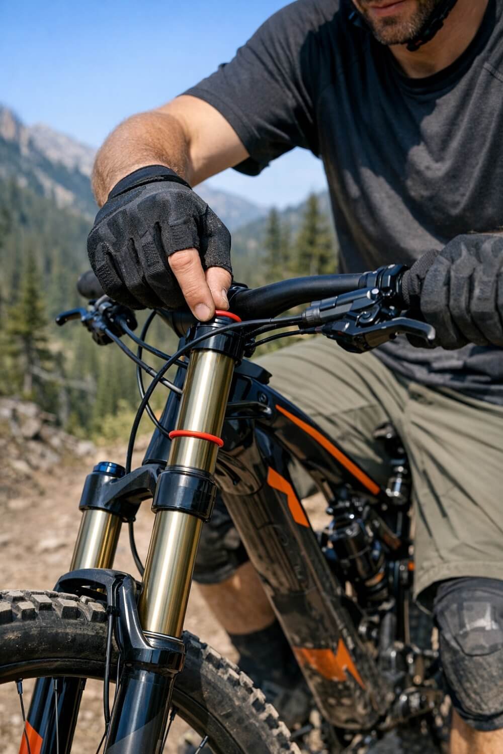 Rider measuring MTB front suspension sag with O-ring