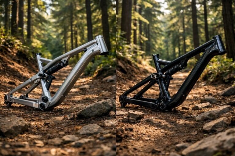 Aluminum vs carbon MTB frames side by side on a trail.