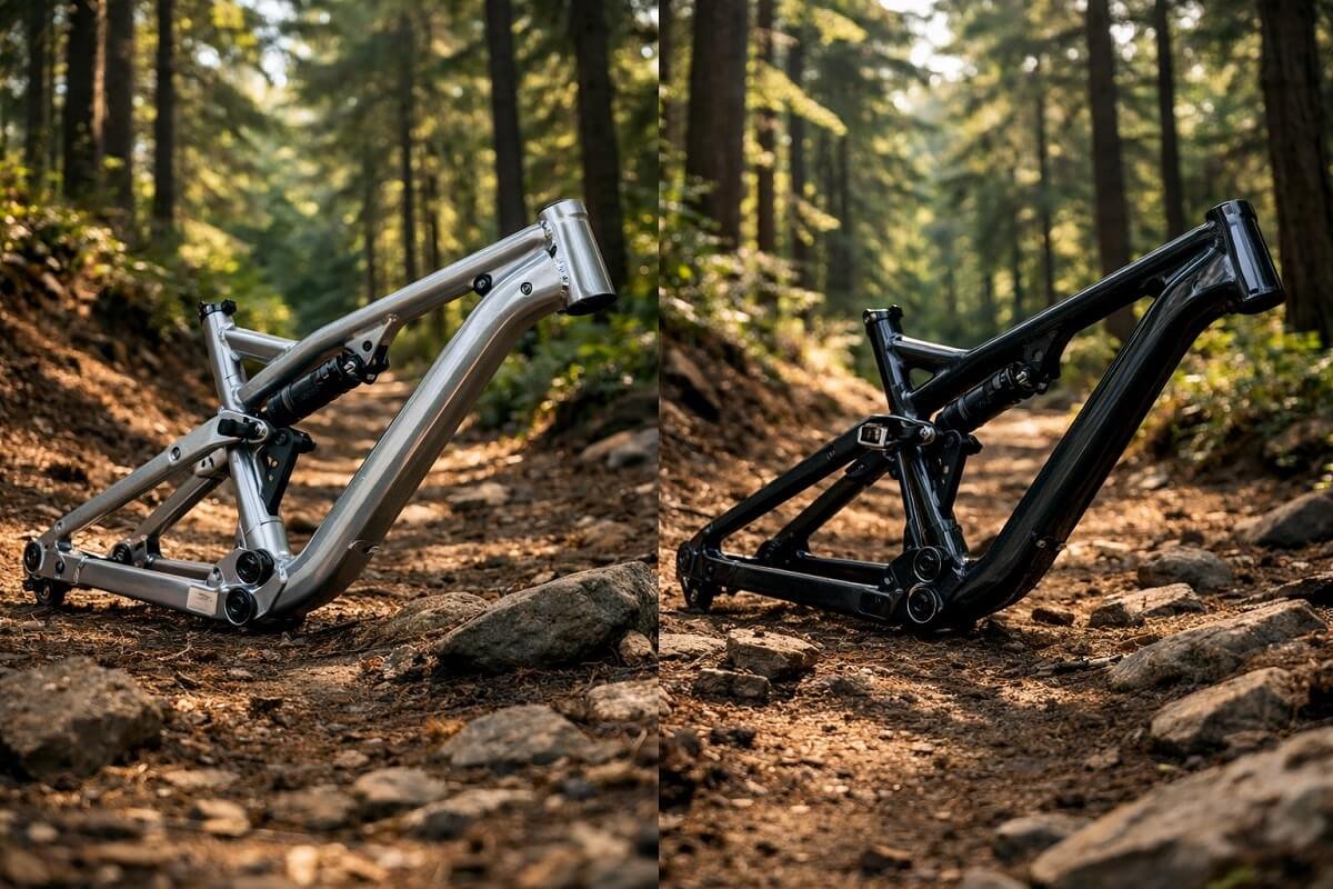 Aluminum vs carbon MTB frames side by side on a trail.