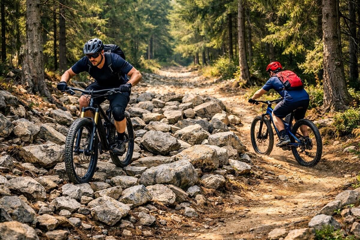 mountain bikers choosing different trail lines