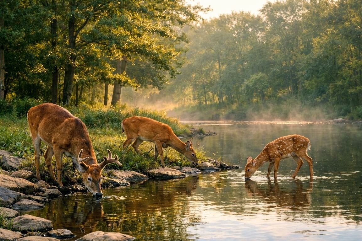 Whitetail deer feeding near summer water source