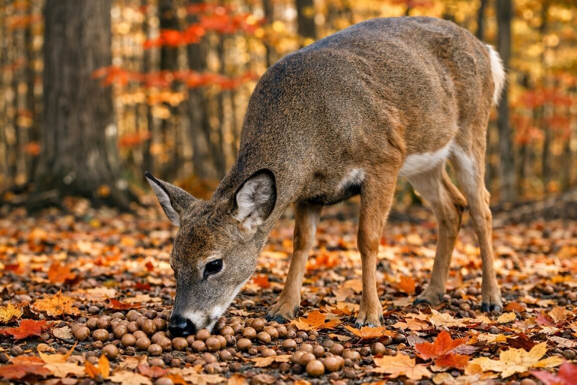 Whitetail deer feeding on acorns in fall forest
