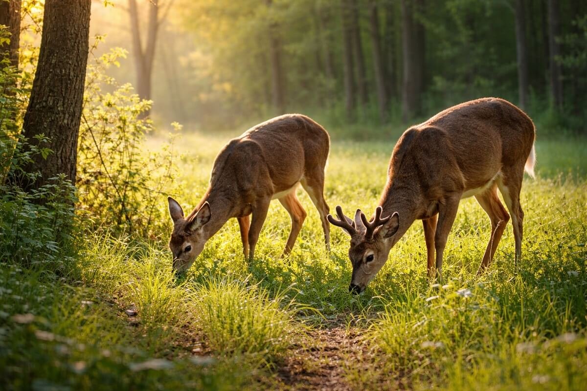 Whitetail deer feeding on fresh spring vegetation in forest edge