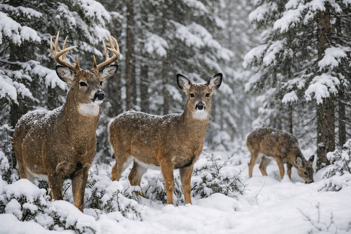 Deer in snowy conifer forest.