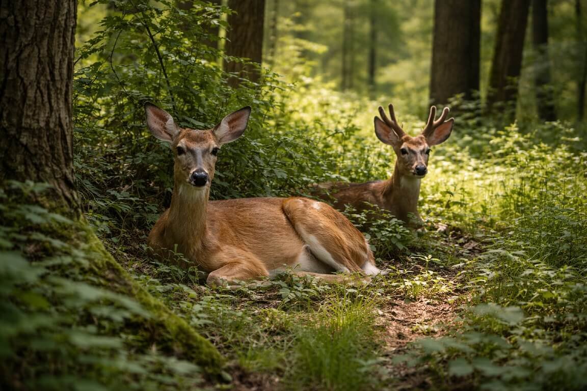 Whitetail deer resting in shaded summer bedding area