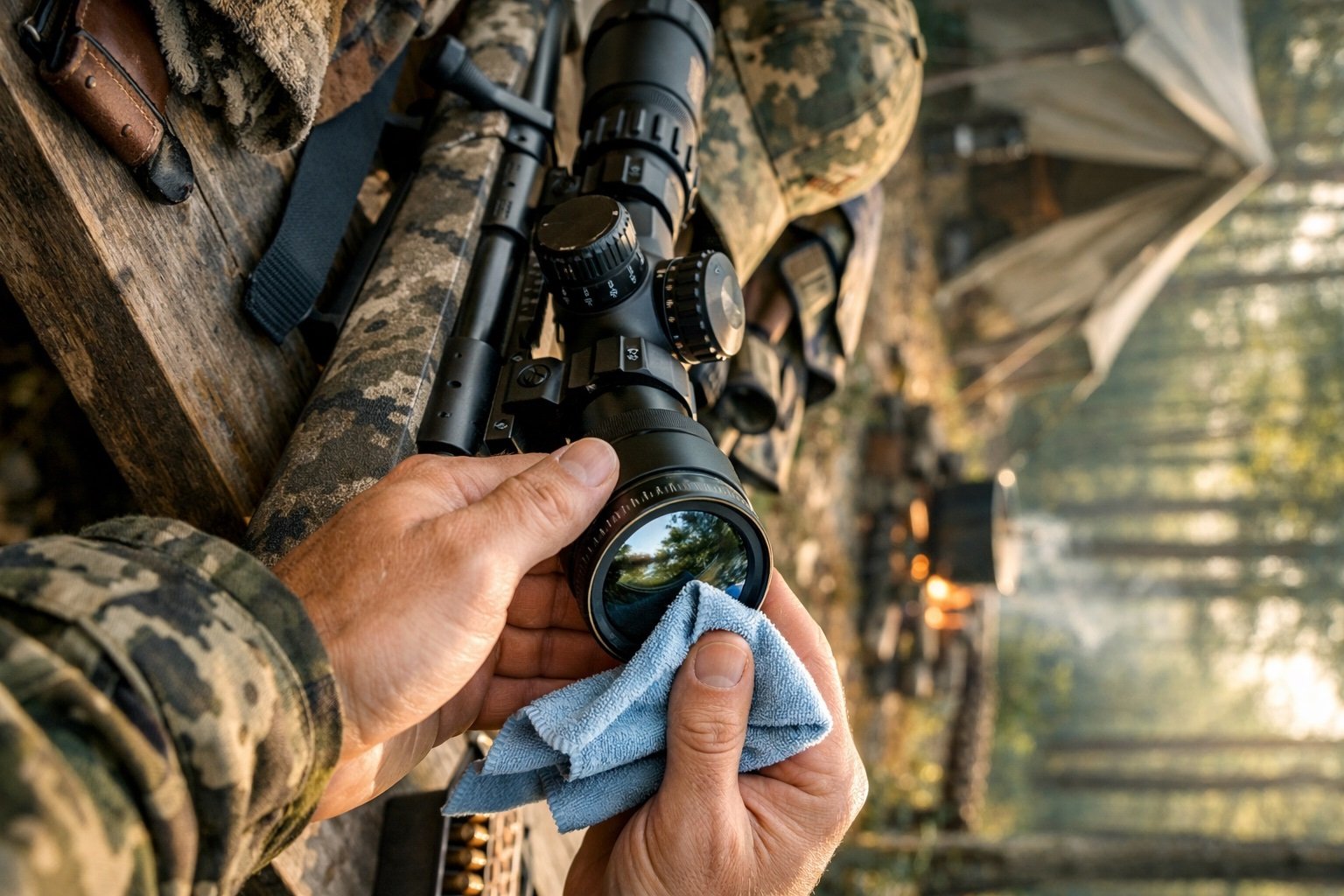 How to Clean Hunting Optics: cleaning rifle scope lens with microfiber cloth
