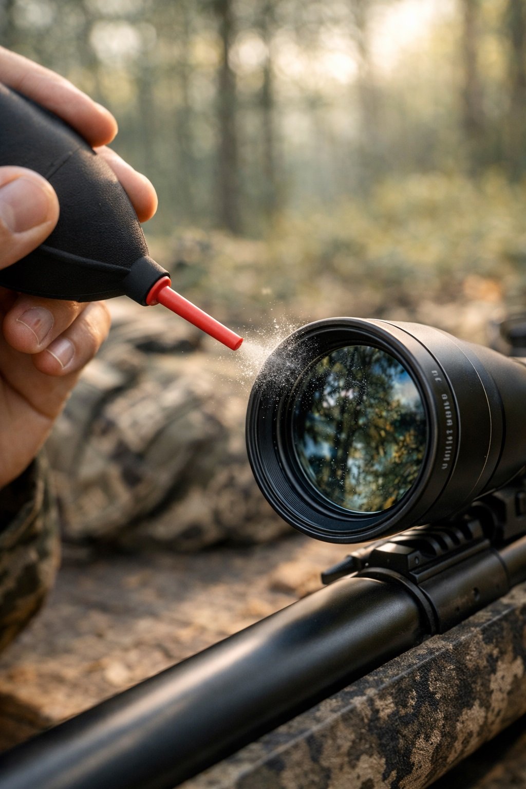 removing dust from rifle scope lens with air blower