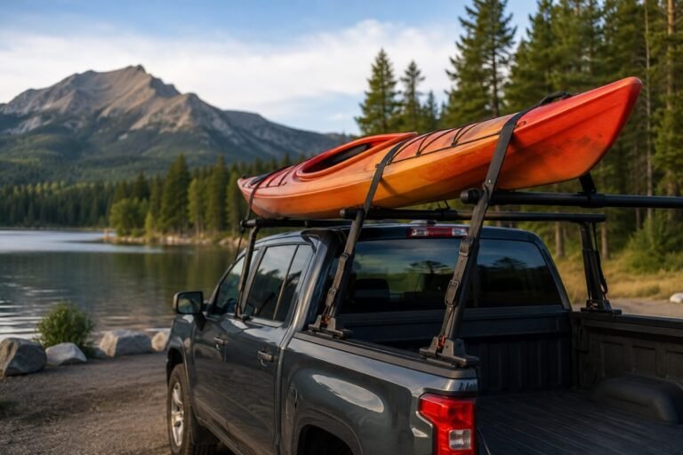 Orange kayak securely strapped to a pickup truck bed beside a calm mountain lake, surrounded by pine forests and rugged peaks, illustrating safe kayak transport for outdoor adventures.