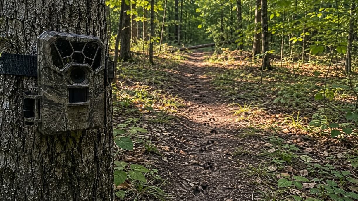 Camouflaged trail camera hidden among bark, moss, and forest vegetation