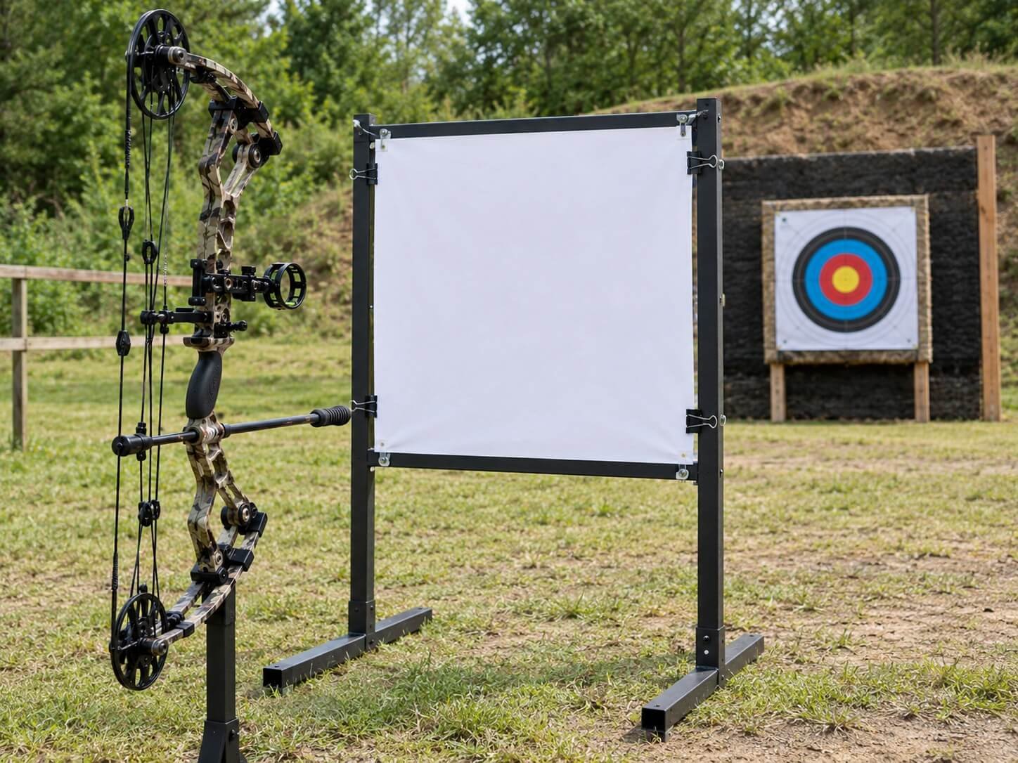 Show one small, compact arrow entry hole with subtle, realistic fletching slits radiating from the opening, representing a clean paper-tuning result. 