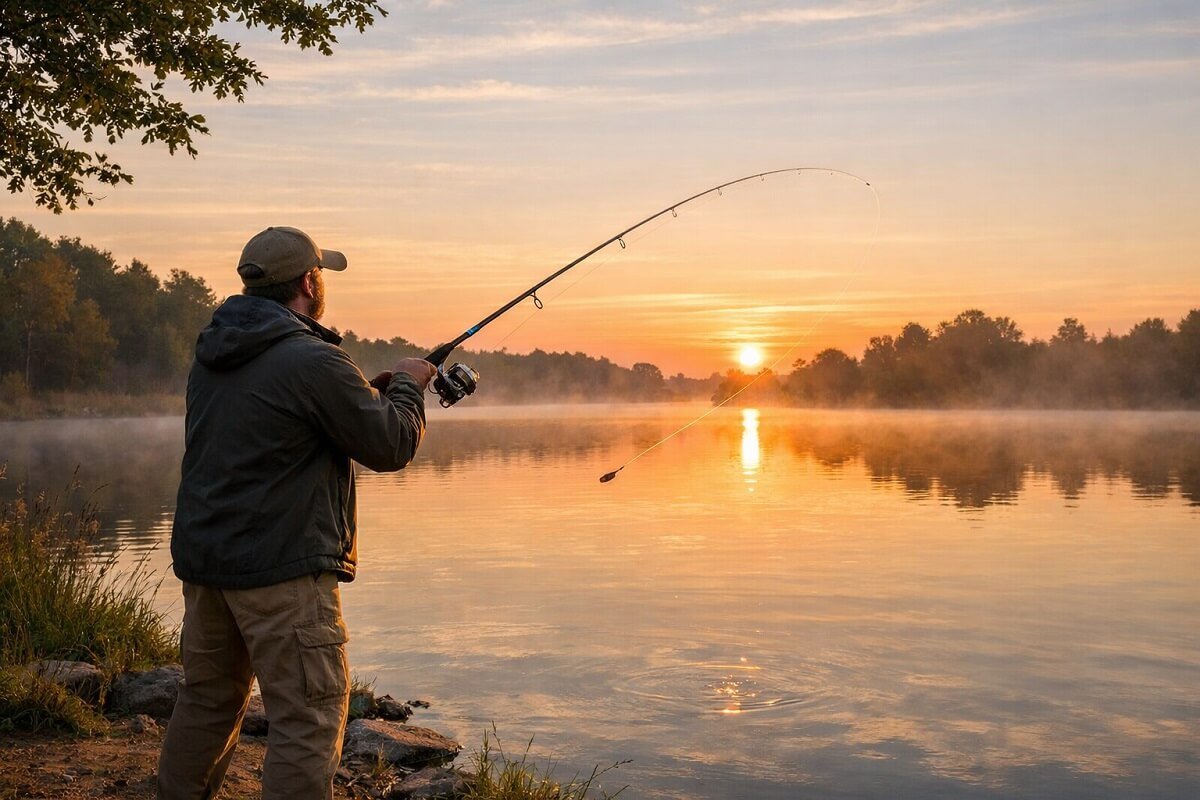 Beginner fishing tips for lakes from lake shore at sunrise