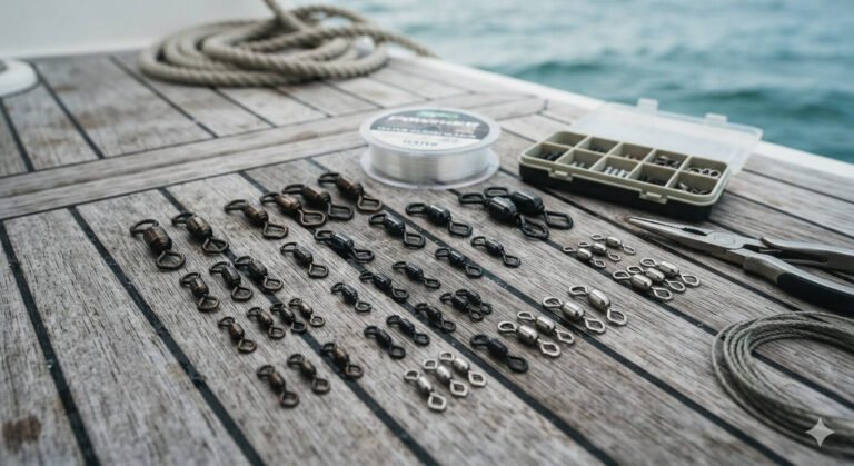 An organized variety of fishing swivels, including heavy duty barrel and ball bearing types, neatly laid out on a wooden boat deck alongside a tackle box, pliers, and fishing line.