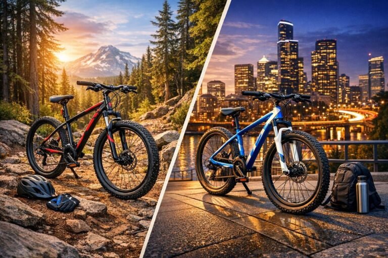 Mountain bikes on a scenic trail with forest and city in the background, showing action and adventure for trail and city riding.