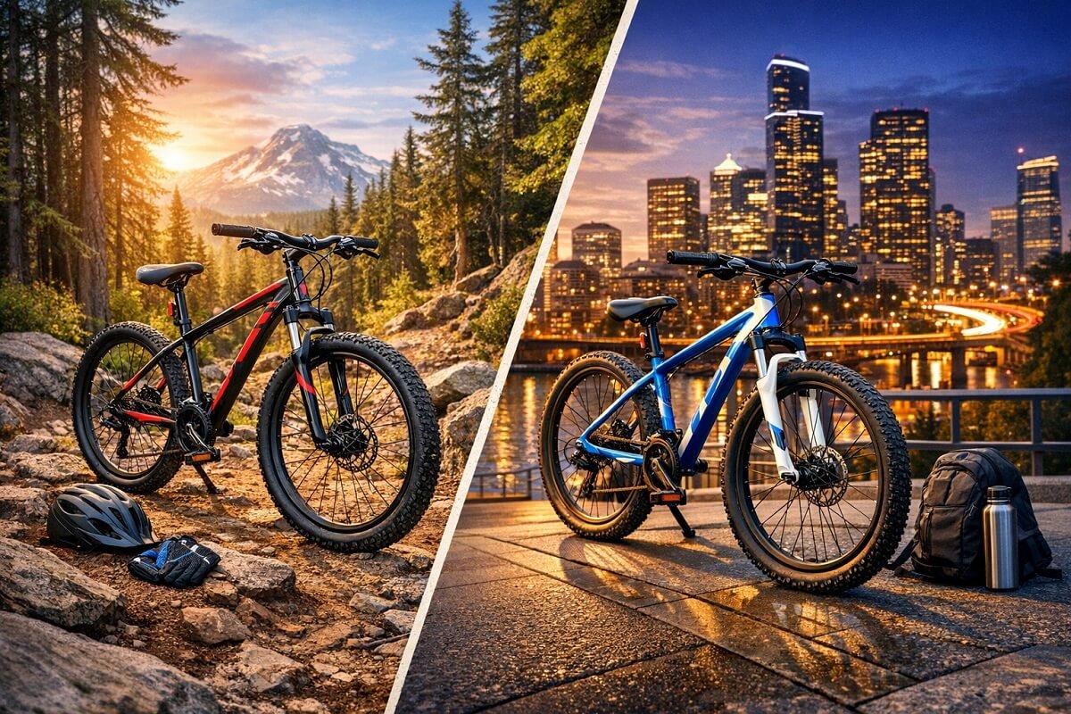 Mountain bikes on a scenic trail with forest and city in the background, showing action and adventure for trail and city riding.