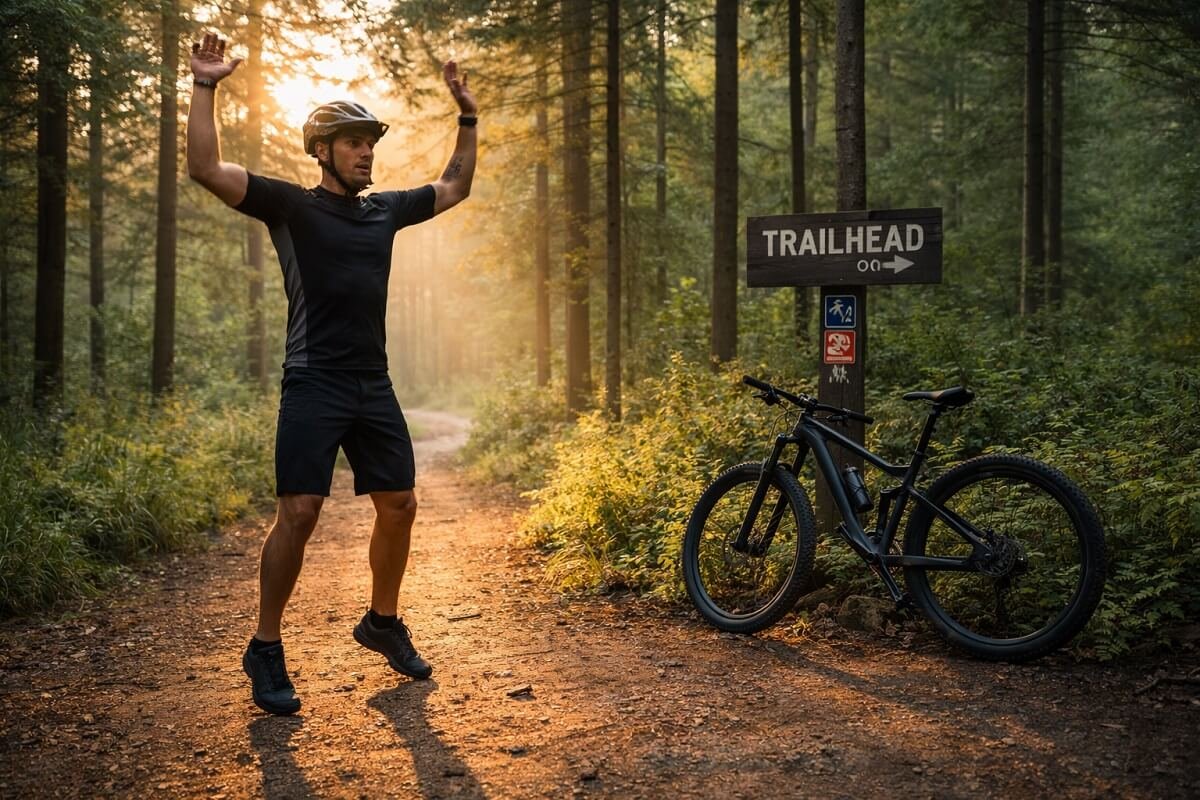 cyclist doing arm circles warm up exercise, outdoor trailhead, realistic