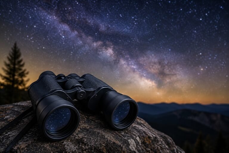 10x50 binoculars on a rock under the Milky Way during a clear night, illustrating how to choose binoculars for stargazing.
