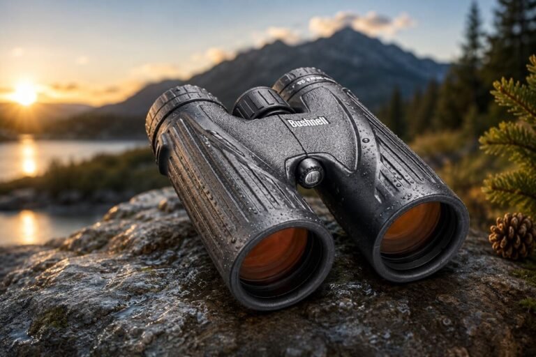 Bushnell Legend Ultra HD binoculars on a wet rock overlooking a mountain lake at sunrise.