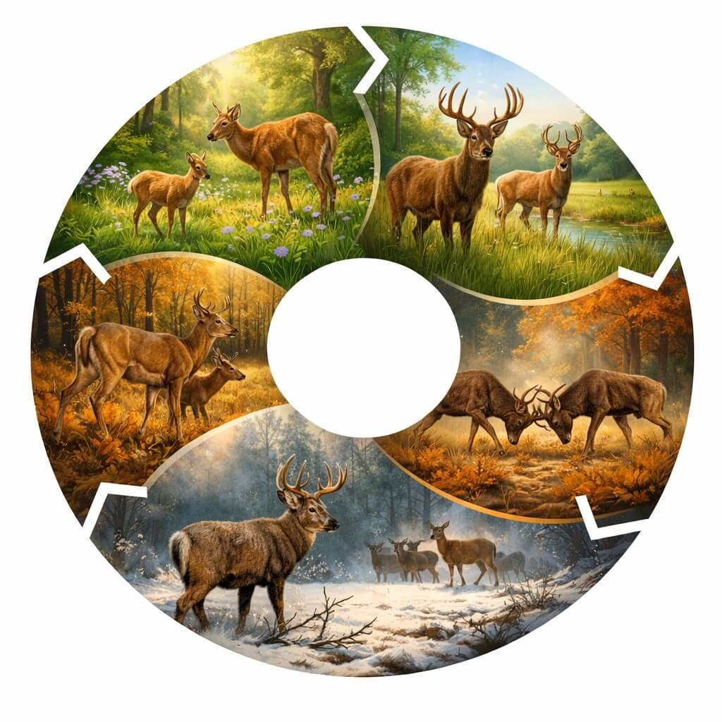 Illustration showing seasonal changes in deer behavior throughout the year.
