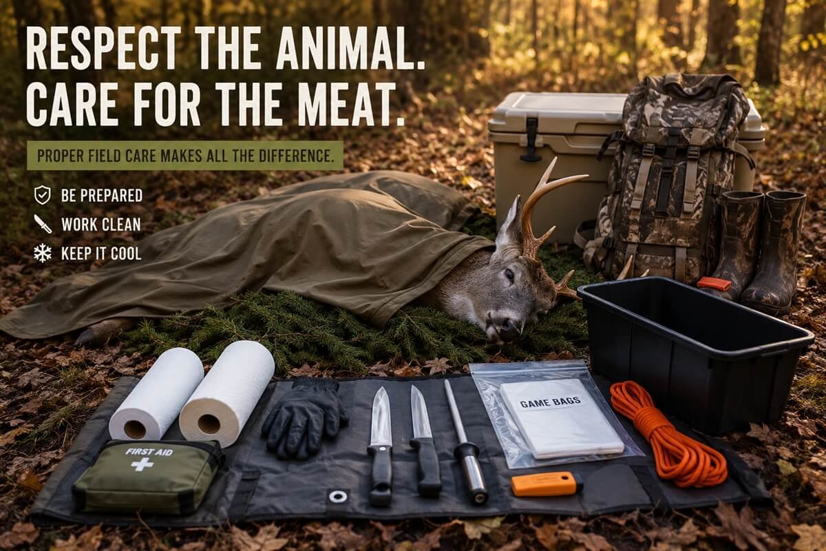 Field dressing equipment prepared for processing harvested deer.
