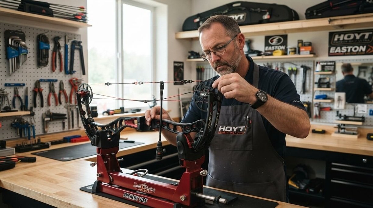 Archery technician inspecting compound bow cams and cables