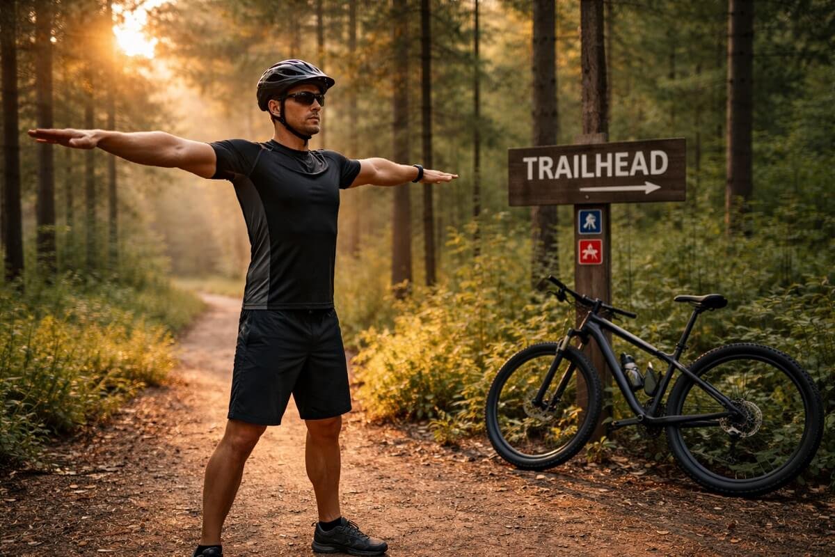 mountain biker doing quick warm up routine near trailhead, jumping jacks and light movement, casual gear, natural outdoor setting