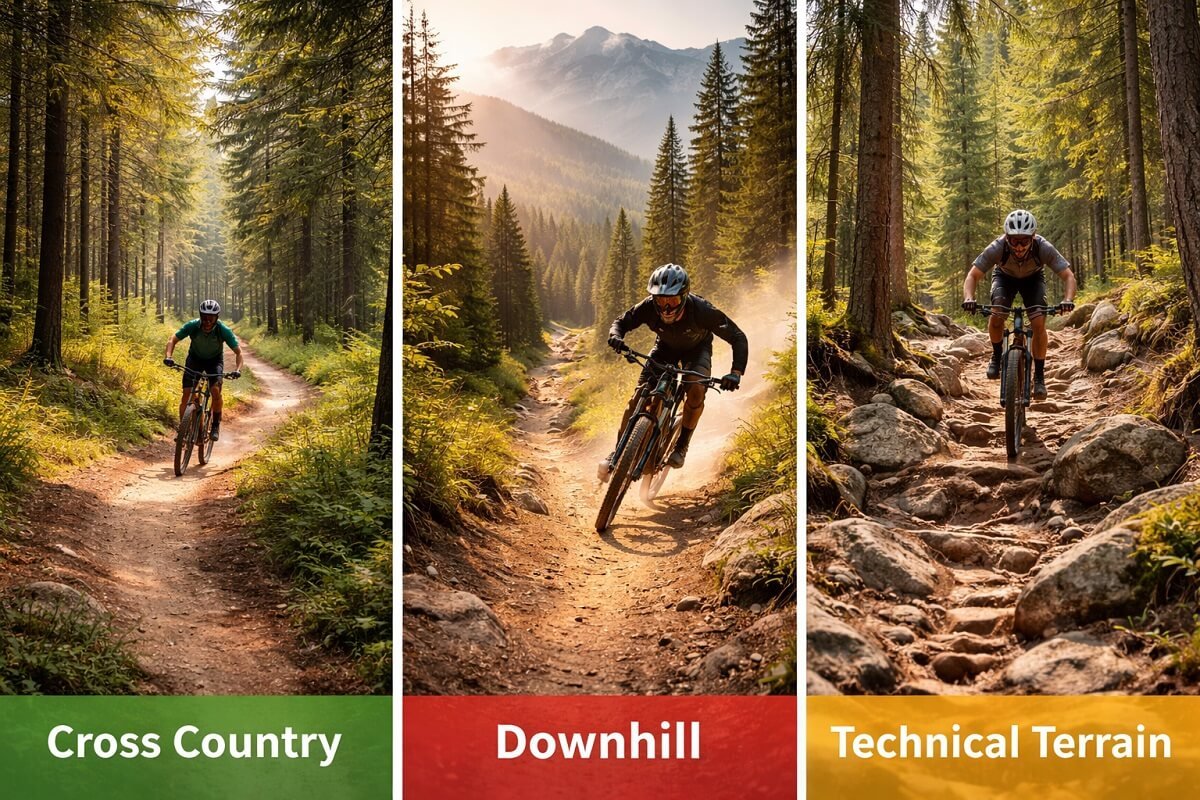 different mountain biking trails comparison, cross country vs downhill vs technical terrain, wide outdoor landscape