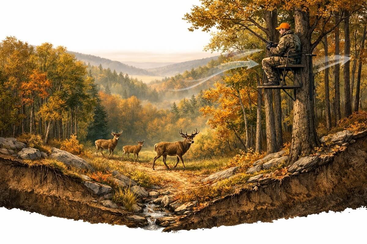 Illustration of proper tree stand placement for deer hunting.