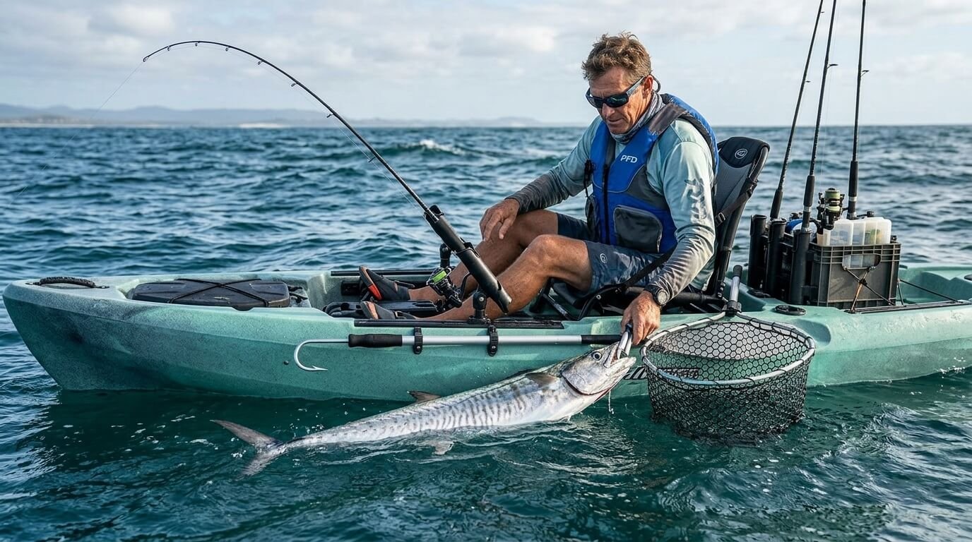 Kayak angler using a landing net and fish gripper to handle a large fish