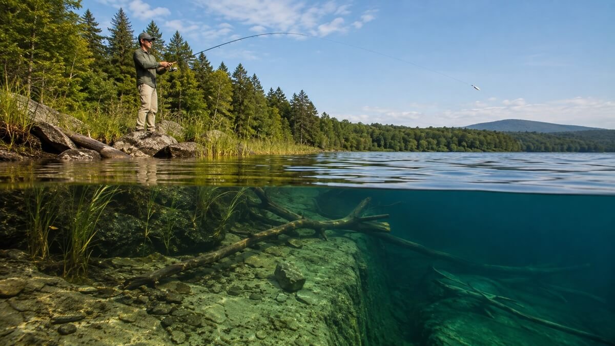 Angler fishing near vegetation structure and a freshwater drop-off