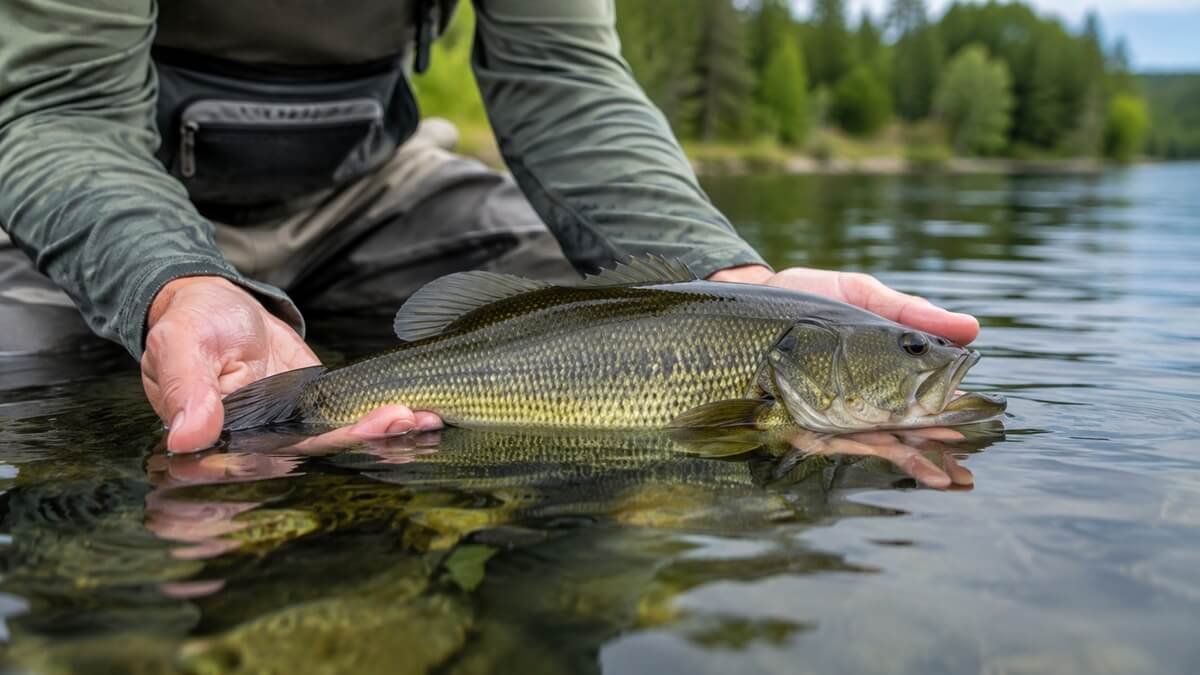 Angler carefully releasing a freshwater fish during catch and release