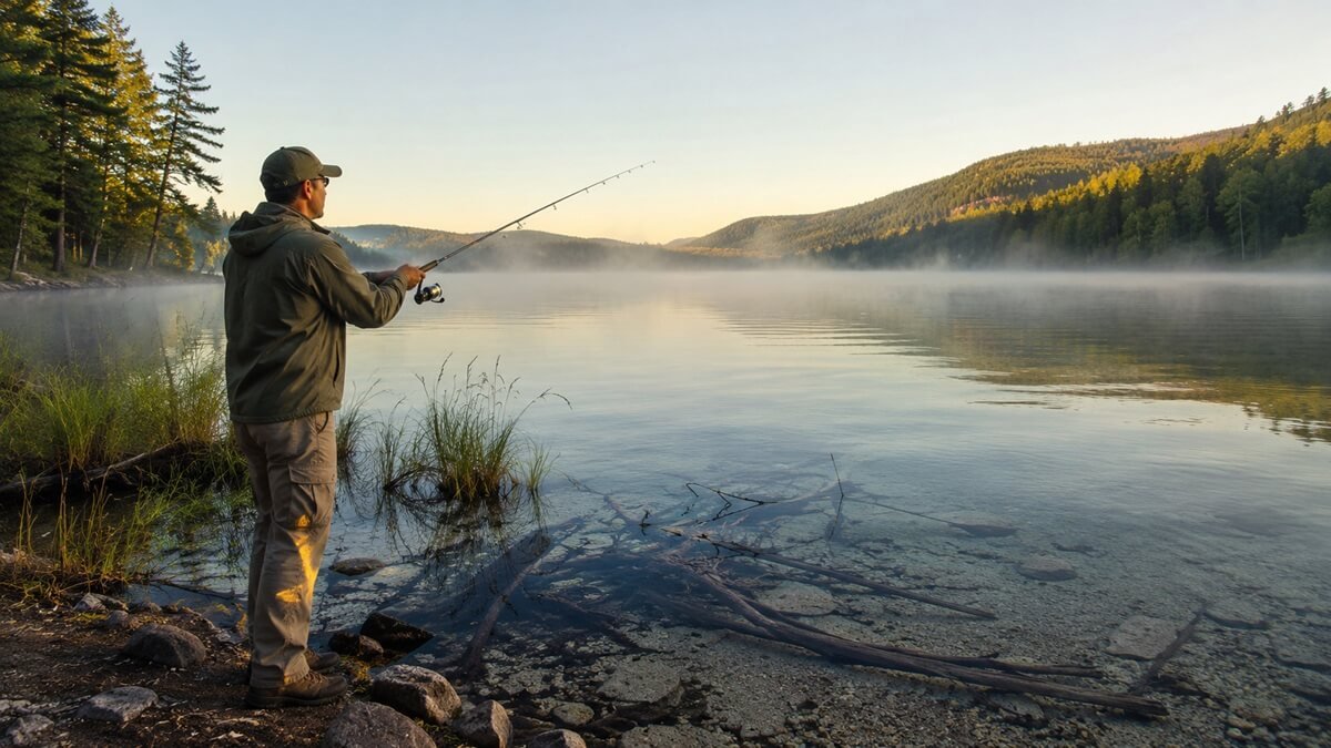 Angler fishing a freshwater river near a current seam and rocky pool