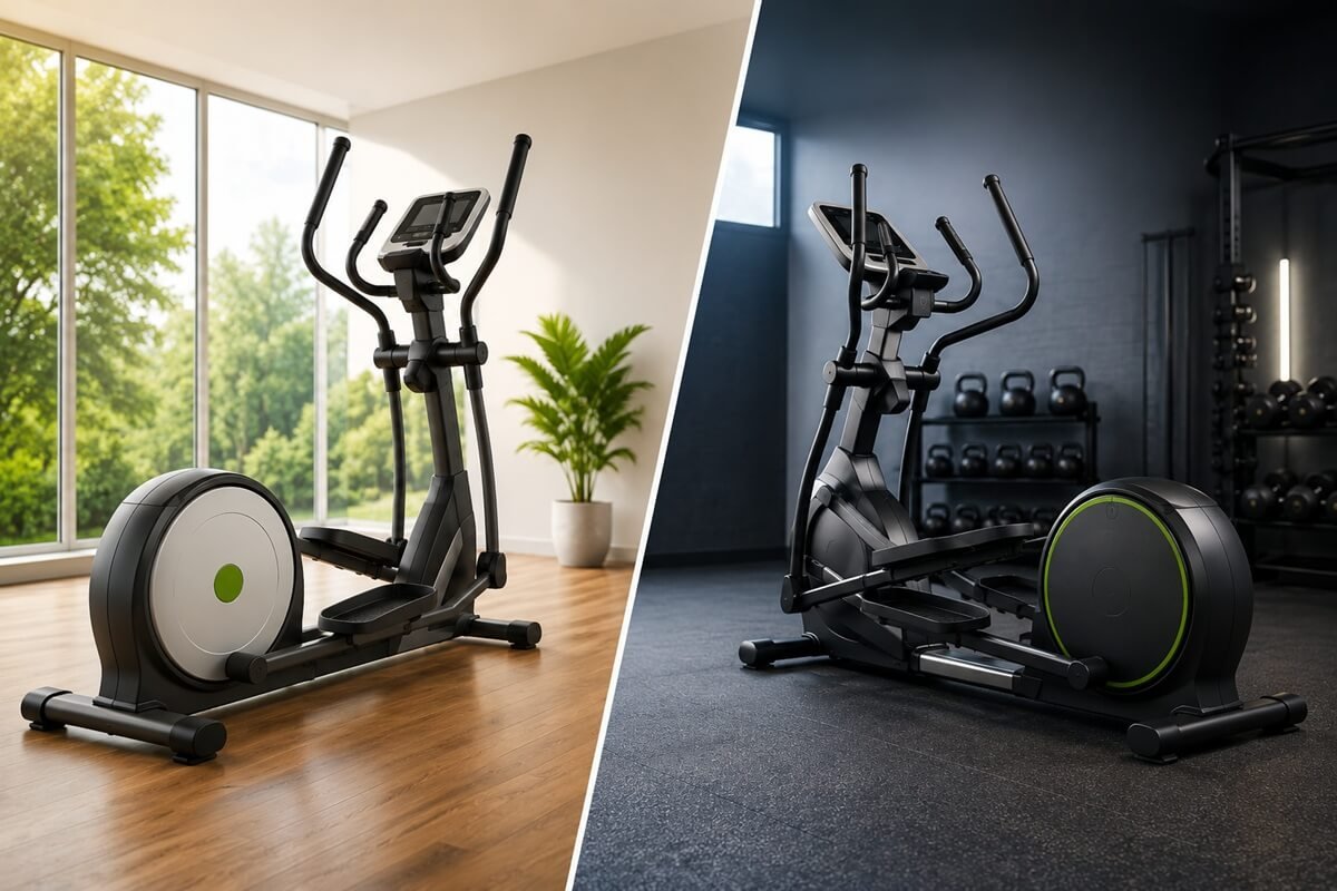 Side-by-side comparison of a front-drive and rear-drive elliptical machine in modern fitness spaces, highlighting differences in design, flywheel placement, and workout setup.